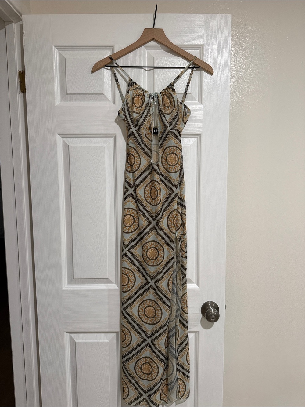 Mesh Geometric Print Maxi Dress in Teal Tan